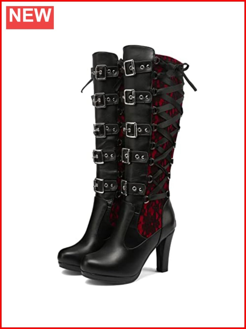 Synthetic Lace Up Knee High Boots Buckle Platform Block Heel Goth